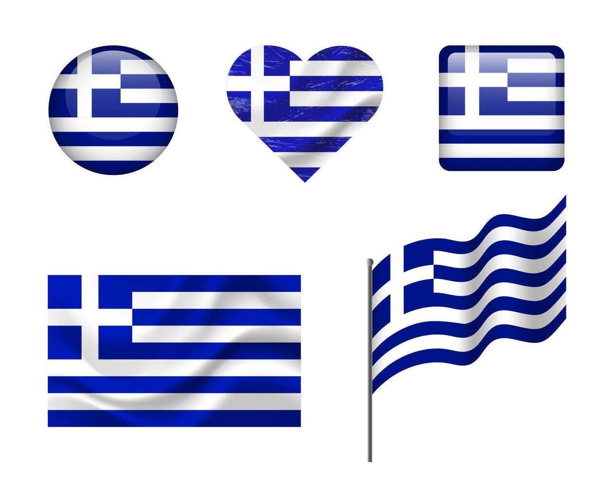 Greece flag set of icons. flag of Greece, symbol. Set of greek flags button, waved, heart. vector