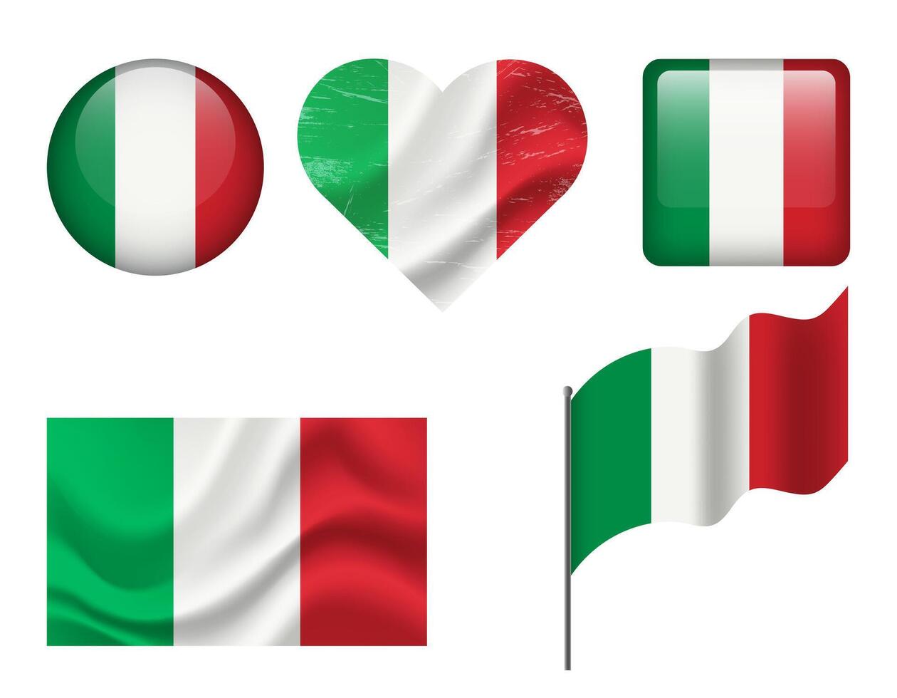 Italy flag set of icons. flag of Italy, symbol. Set of italian flags button, waved, heart. vector