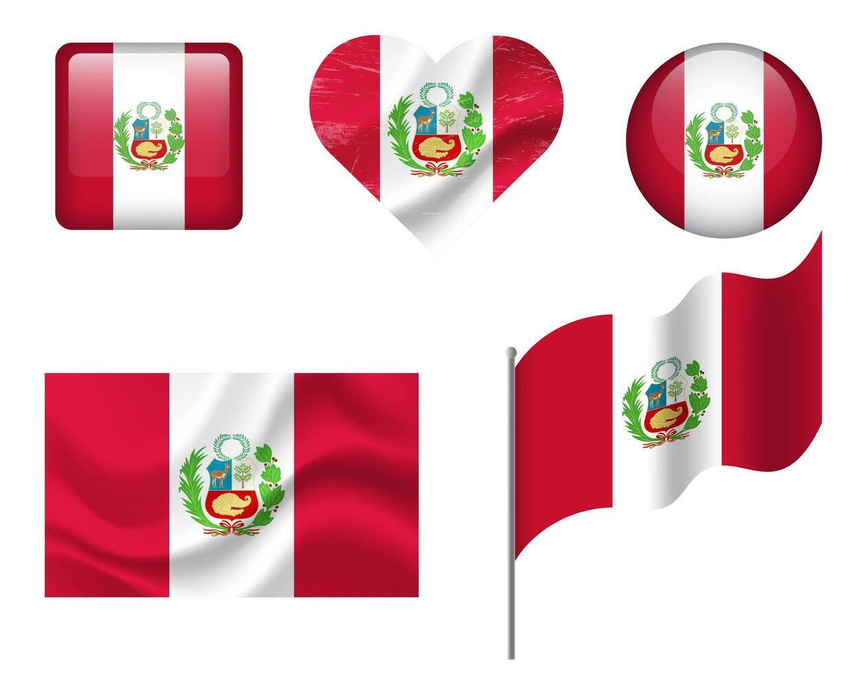 Peru flag set of icons. flag of Peru, symbol. Set of Peru flags button, waved, heart. vector