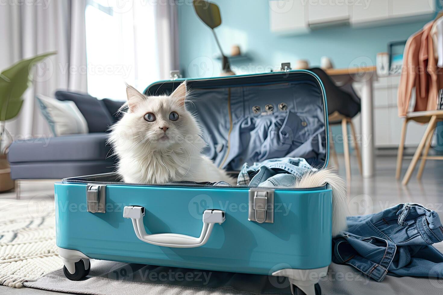 A fluffy white cat is ready for travel, weekends and relaxation sitting in an open suitcase. Pet traveler in an open blue suitcase in the middle of the living room photo