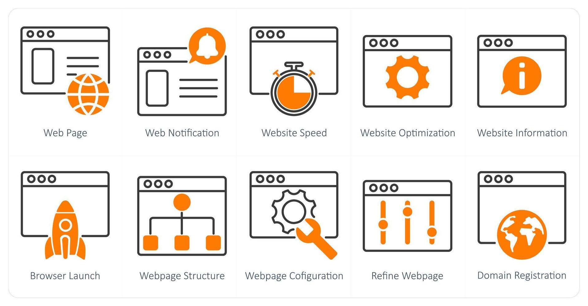 A set of 10 seo icons as webpage, web notification, website speed vector