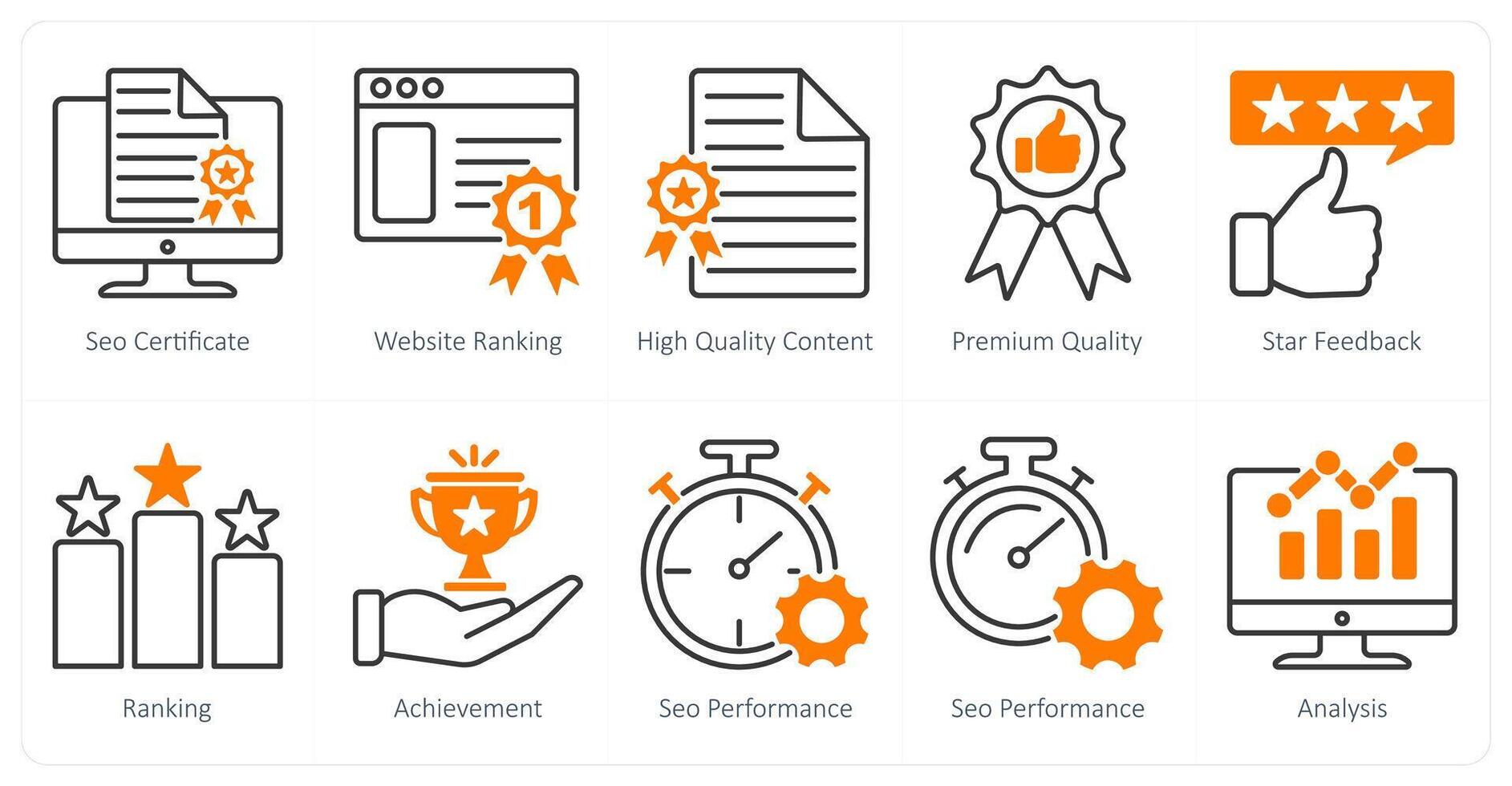 A set of 10 seo icons as seo certificate, website ranking, high quality content vector