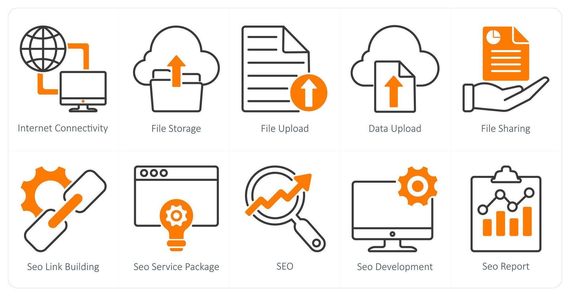 A set of 10 seo icons as internet connectivity, file storage, file upload vector