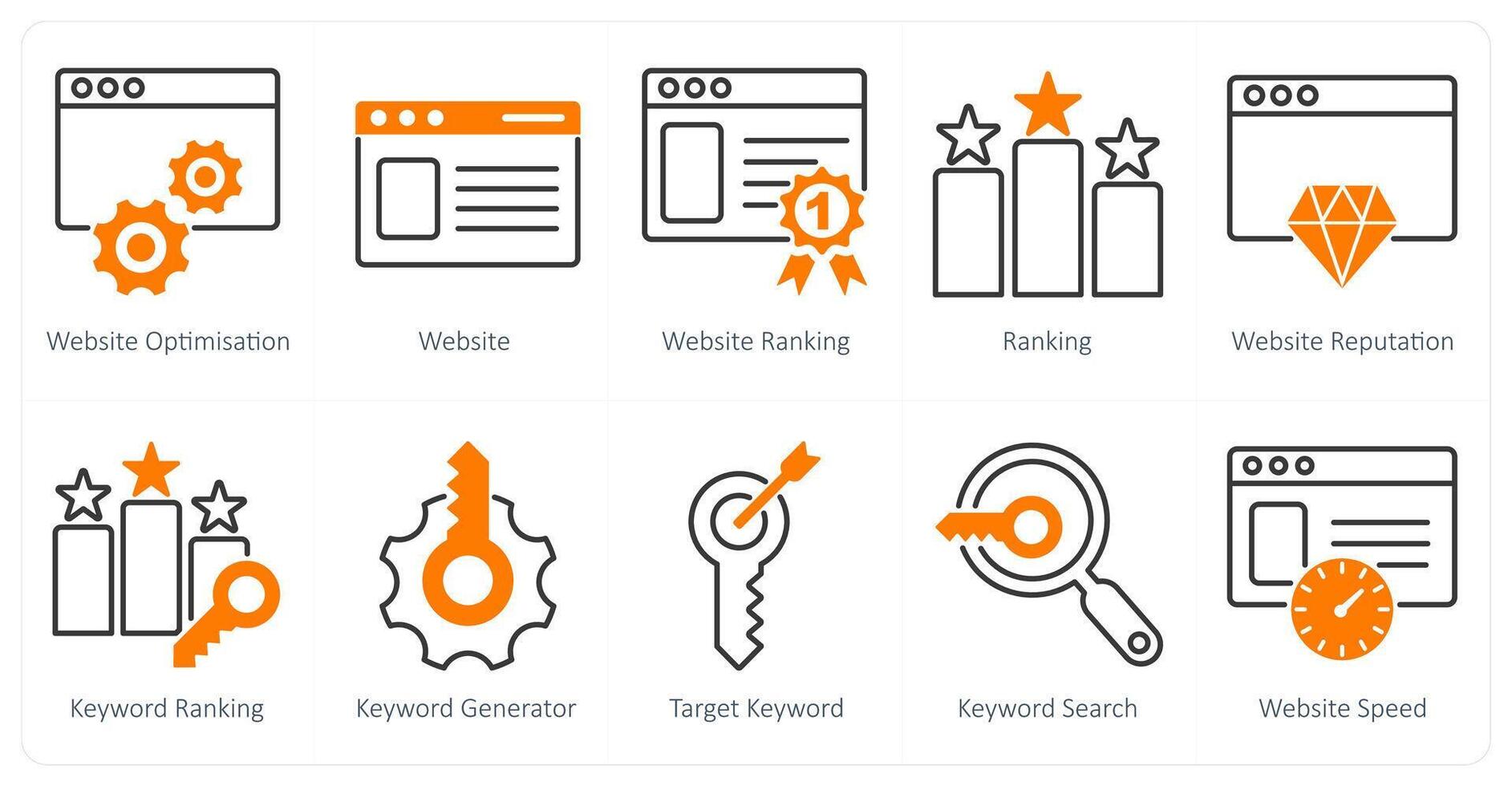 A set of 10 seo icons as website optimization, website, website ranking vector