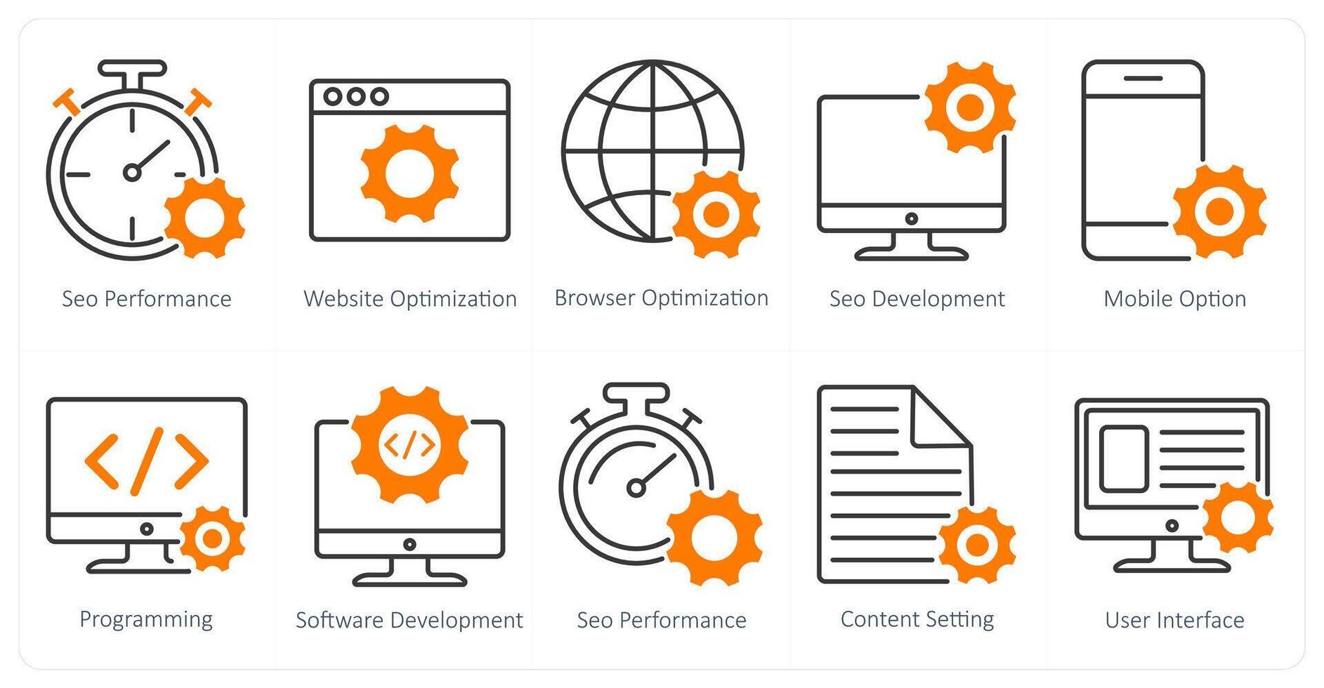 A set of 10 seo icons as seo performance, website optimization, browser optimization vector