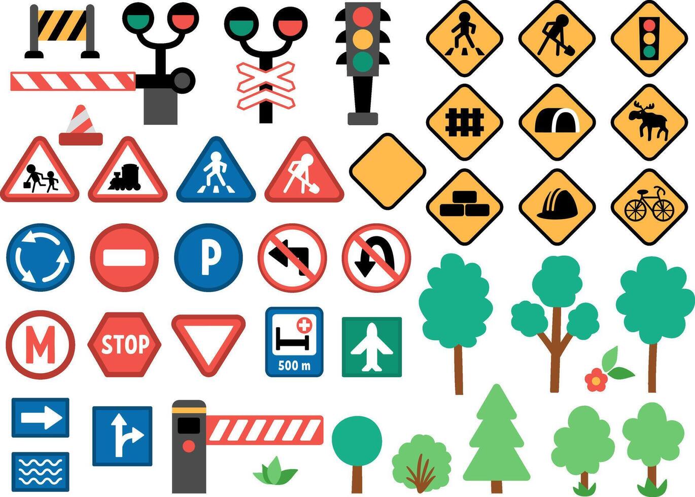road signs set. Railway and traffic street icons collection with barrier, semaphore, construction works cone. Cute highway rules clipart with trees, traffic lights vector