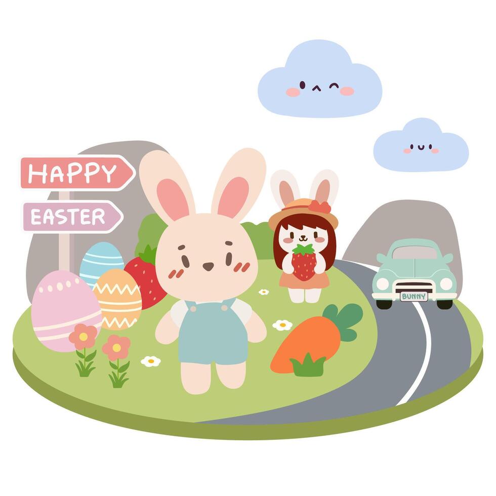 Cute Easter Bunny Road Trip. Kawaii Spring Illustration.Adorable Bunnies with Easter Eggs and Strawberry.Easter Scene with Bunnies, Carrot, and Car. Pastel Illustration. vector