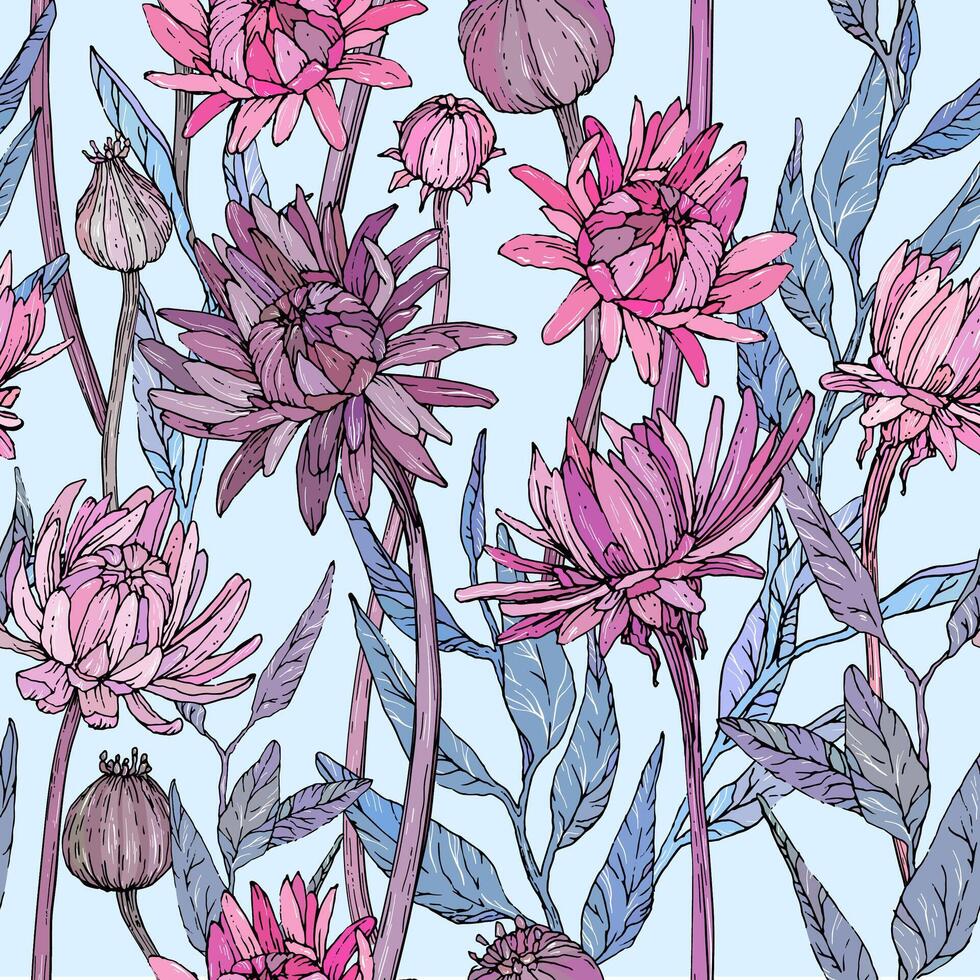 Seamless pattern with hand drawn gerbera flowers and brunchs. vector