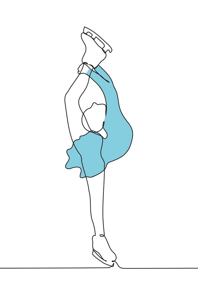 figure skater in a blue dress performs a Biellmann spin - one line art . concept of a female figure skater performing at competitions vector