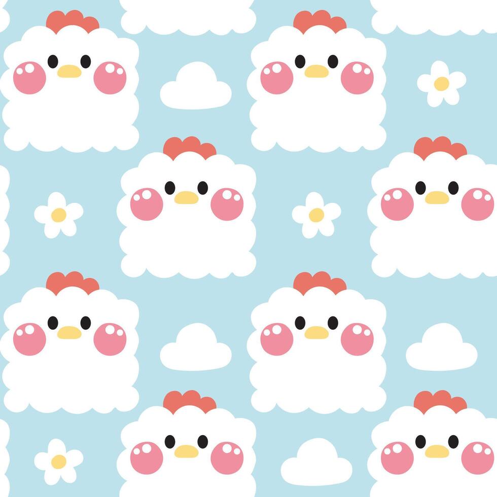 Seamless pattern of cute hen in curve shape hand drawn with clouds and flower background.Face.Head.Cartoon animal character design.Image for card,poster,baby clothing.Kawaii.Illustration vector