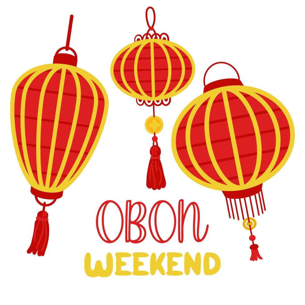 Weekend OBON. Japanese lantern festival Obon on white. A traditional summer festival. Day of the Dead in Japan from August 13-15. Lanterns with the inscription day. Square banner. Relatives weekend vector