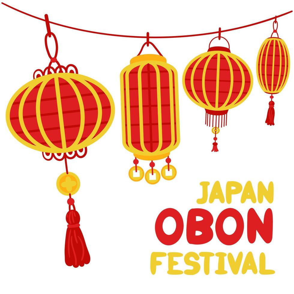 Japan Obon Festival. Japanese Obon Lantern Festival on a white background. Summer traditional festival is dedicated to the Day of the Dead in Japan from August 13-15. Lanterns red, yellow inscription vector