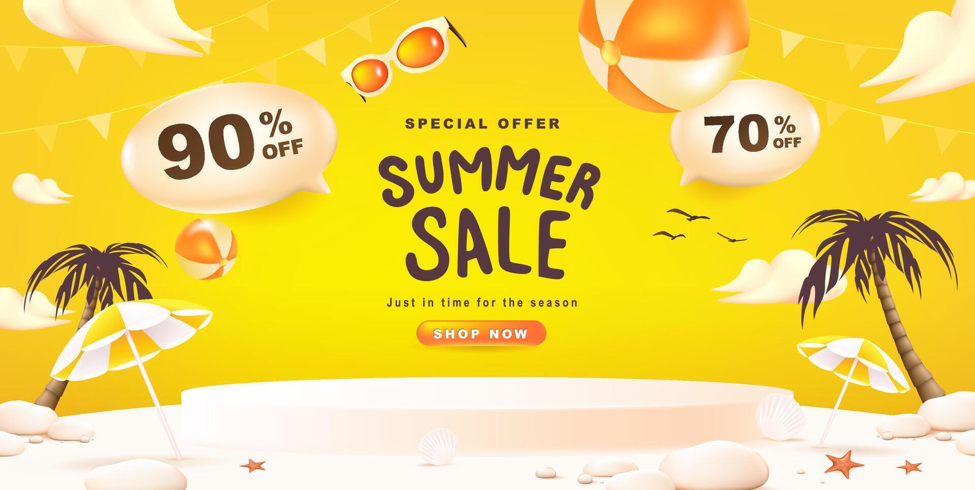 Summer sale banner poster with podium display and summer beach sunset scene design background vector