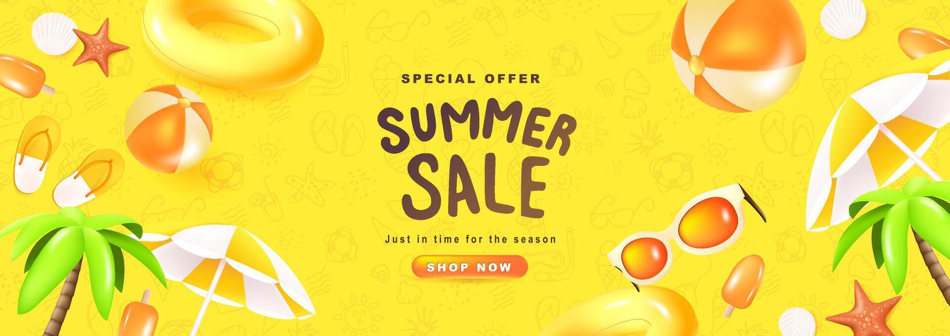 Summer sale banner tropical beach vibes yellow background with beach decoration and summer time hand draw icon background pattern vector