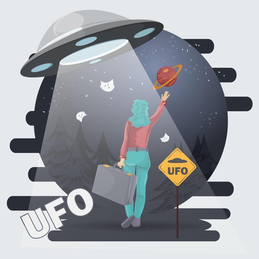 A flat illustration of a girl with blue hair with a suitcase waving at a passing UFO in the night forest vector