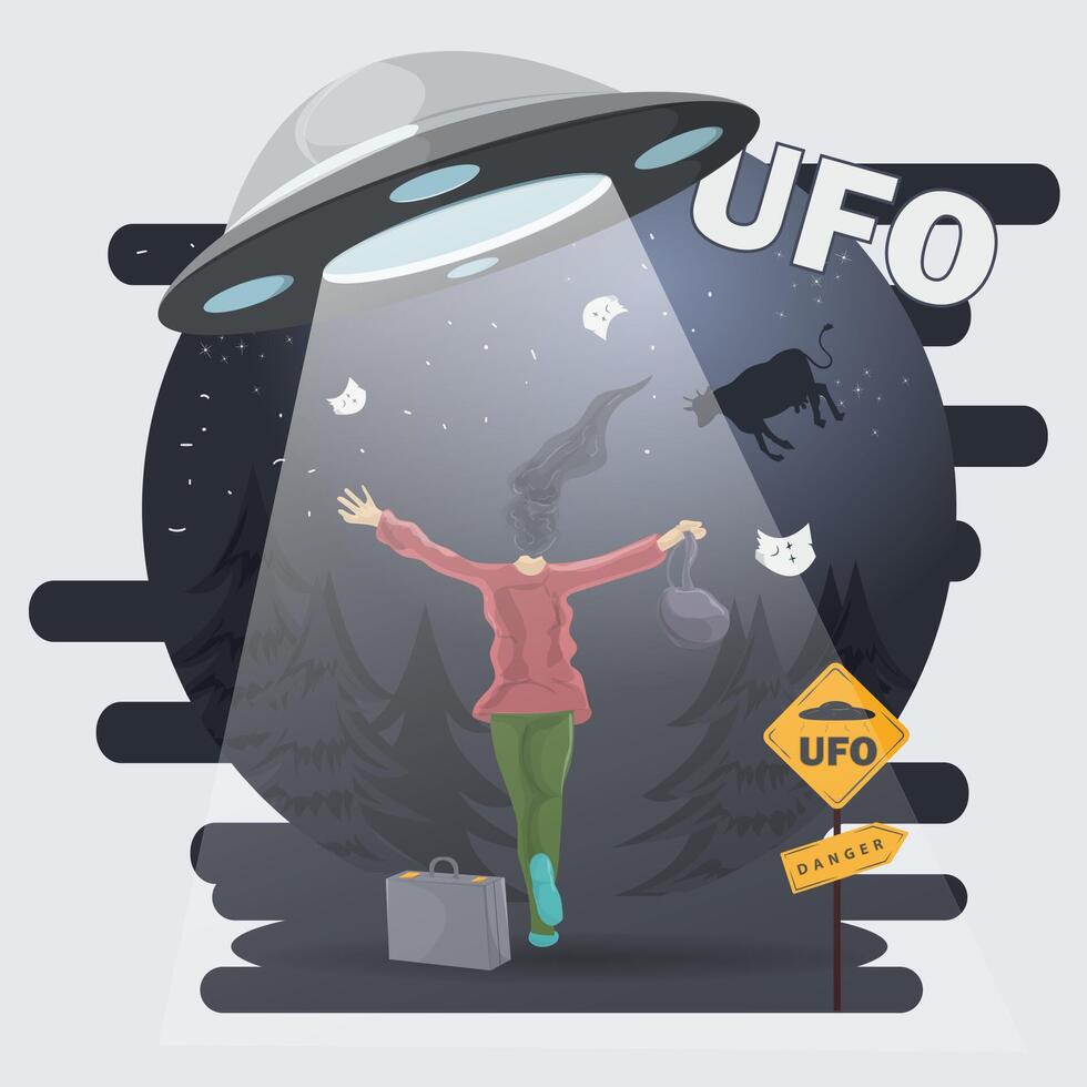 A flat illustration of a girl in a red dress with a handbag in her hands waving at a UFO flying by in the night forest vector