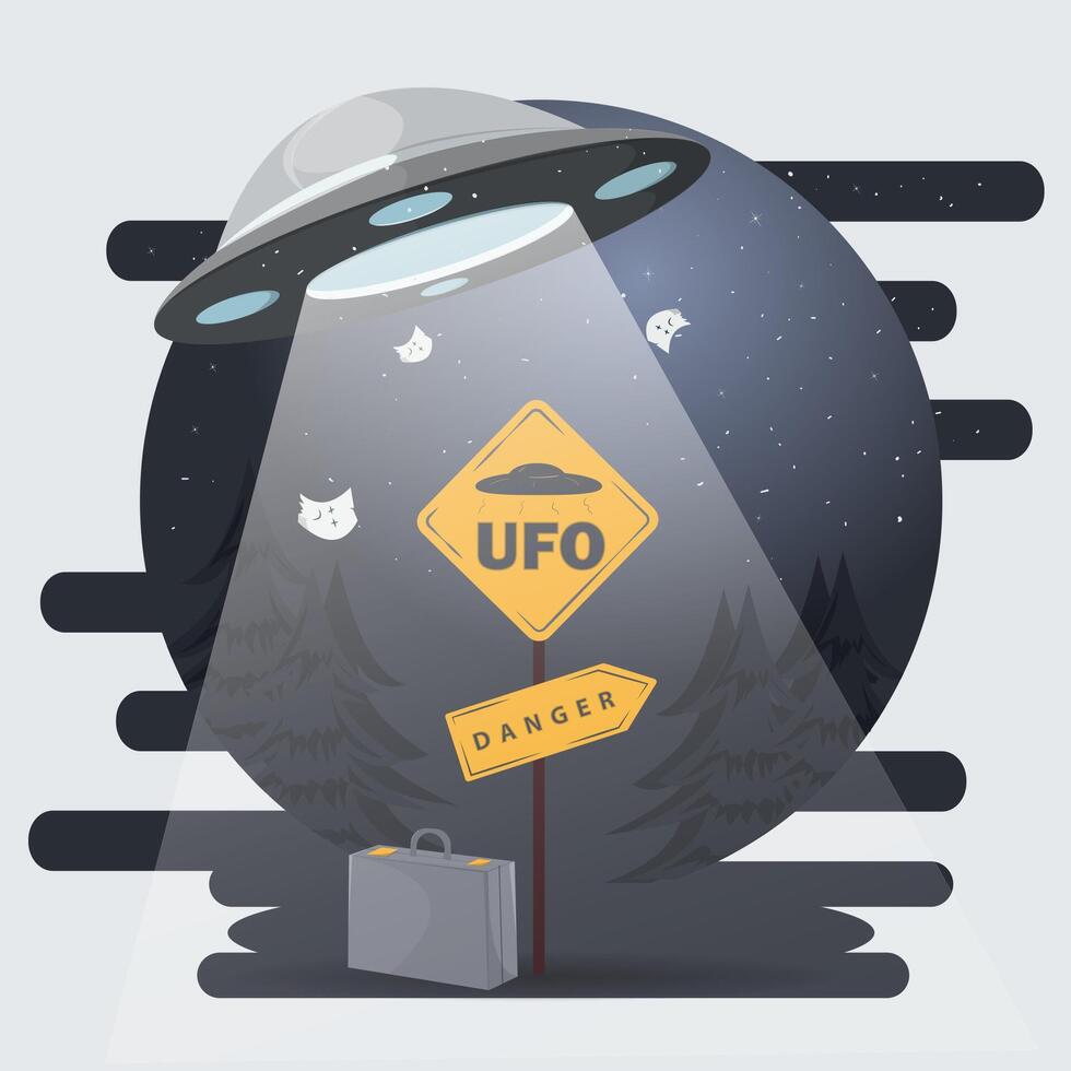 A flat illustration of a UFO hovering over a warning road sign and a suitcase vector
