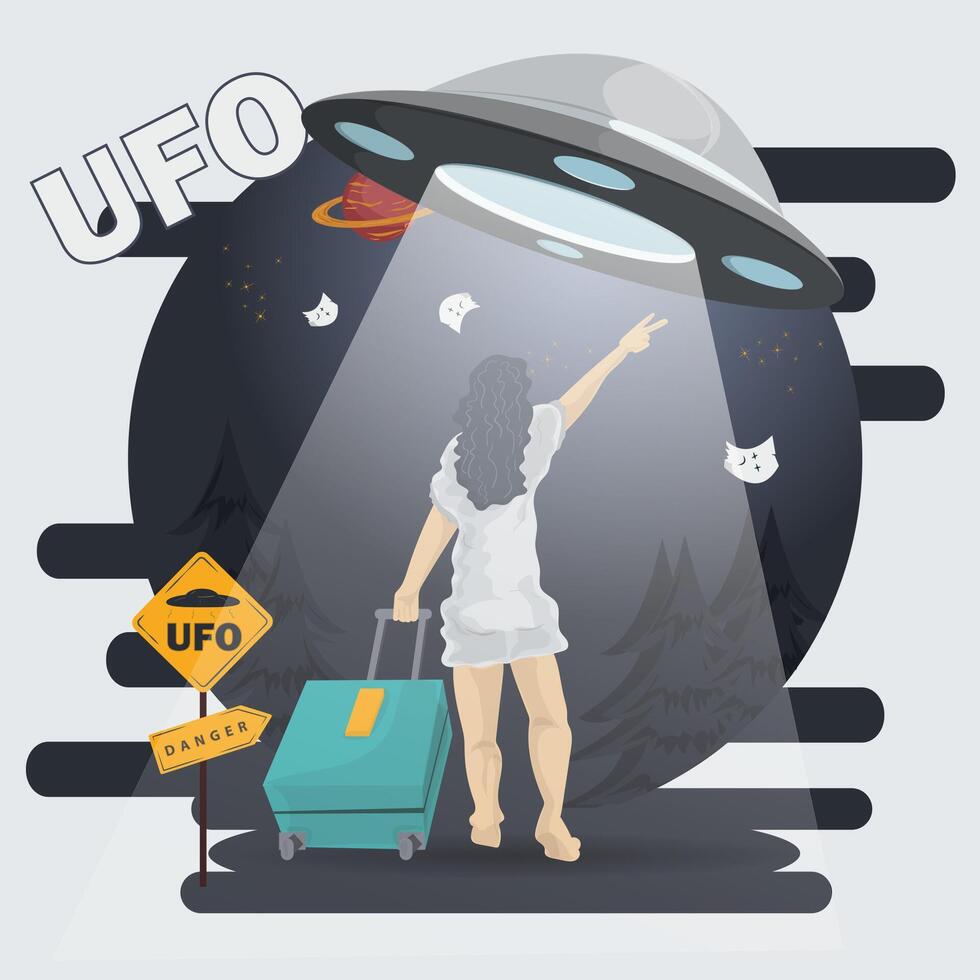 Flat illustration of a girl in a white dress with a suitcase on wheels voting for a passing UFO in the night forest vector