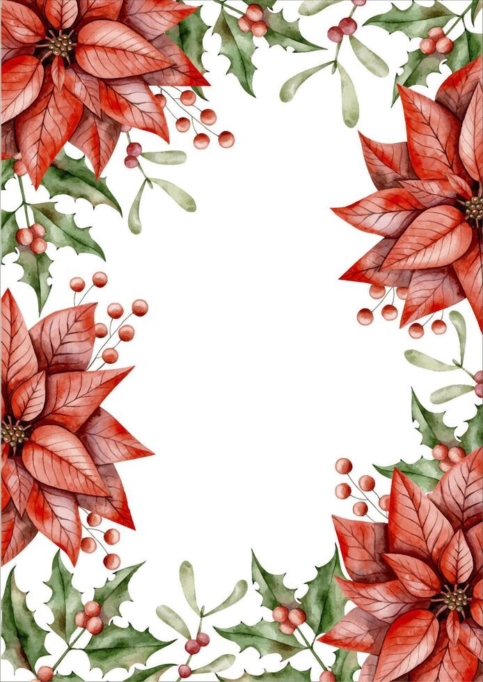 New Years Christmas hand drawn watercolor illustration with poinsettia, holly branch, mistletoe and branch with berries vector