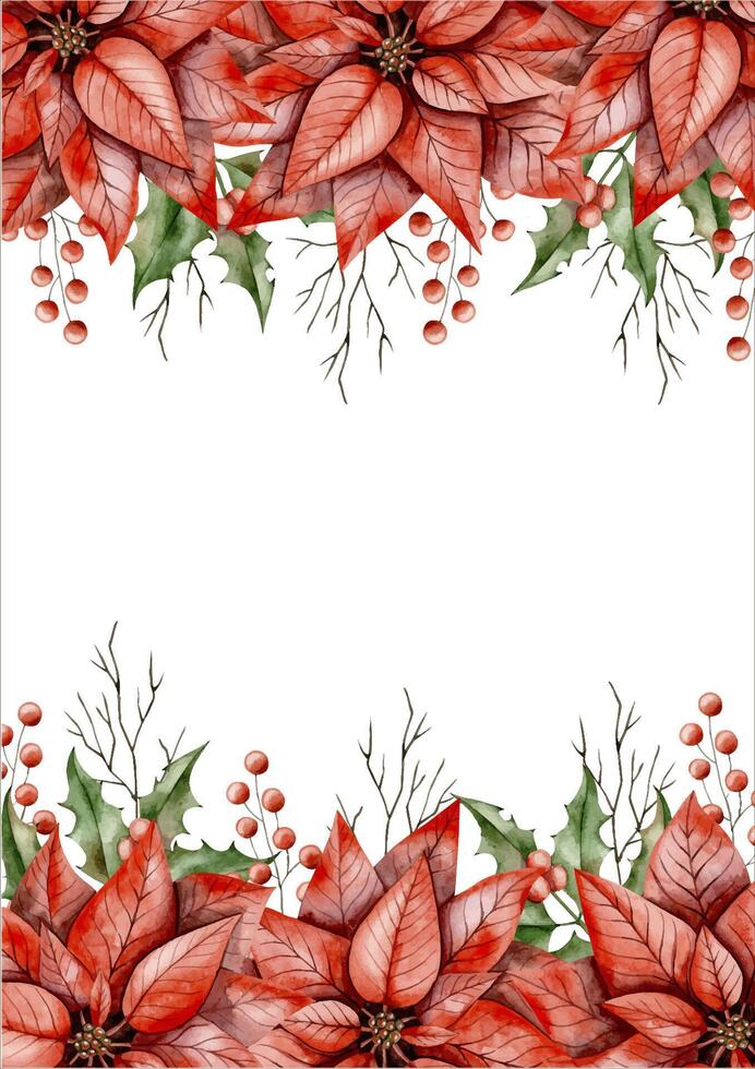 New Years Christmas hand drawn watercolor illustration with poinsettia, holly branch, branch of tree without leaves and branch with berries vector