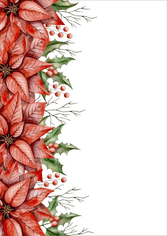 New Years Christmas hand drawn watercolor illustration with poinsettia, holly branch, branch of tree without leaves and branch with berries vector
