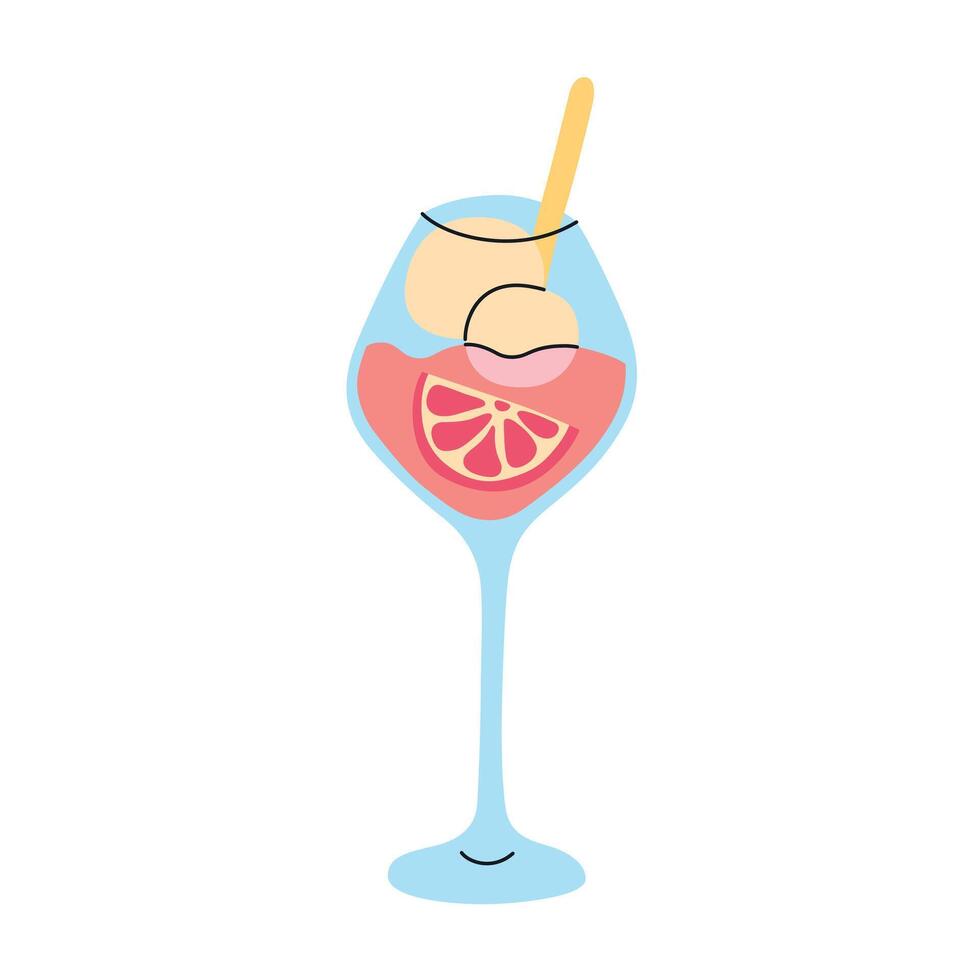 illustration of a grapefruit champagne cocktail with ice cream in a glass. Flat cartoon style, elegant beverage for summer parties. Refreshing campari slush with sorbet, dessert drink icon vector