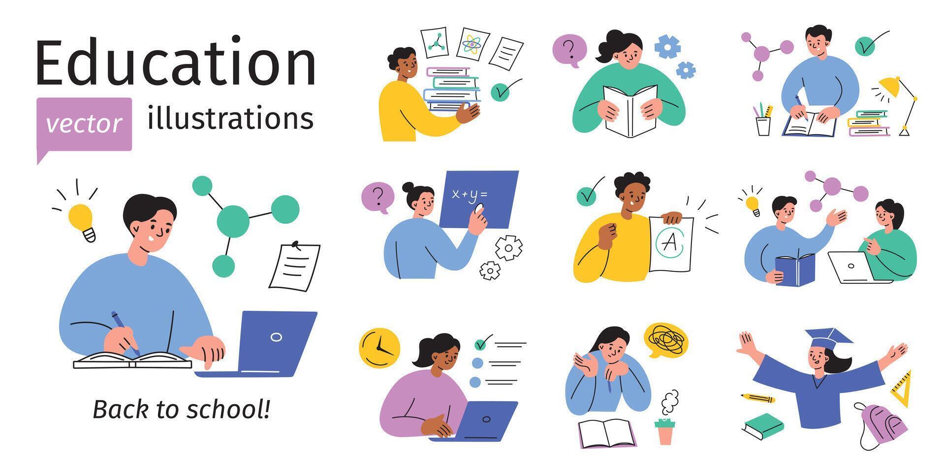Education illustrations, set of school children and teachers. Studying, exams, homework, classroom activities. Students reading, writing, doing science, math. Back to school collection vector
