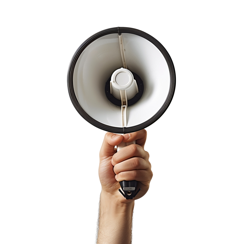 A human hand holding a megaphone, isolated on a transparent background png