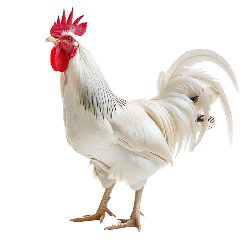 A majestic white rooster crowing with its beak open wide, isolated on a transparent background png