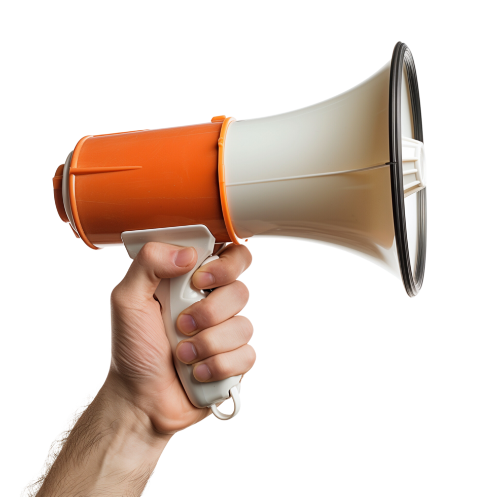 A human hand holding a megaphone, isolated on a transparent background png