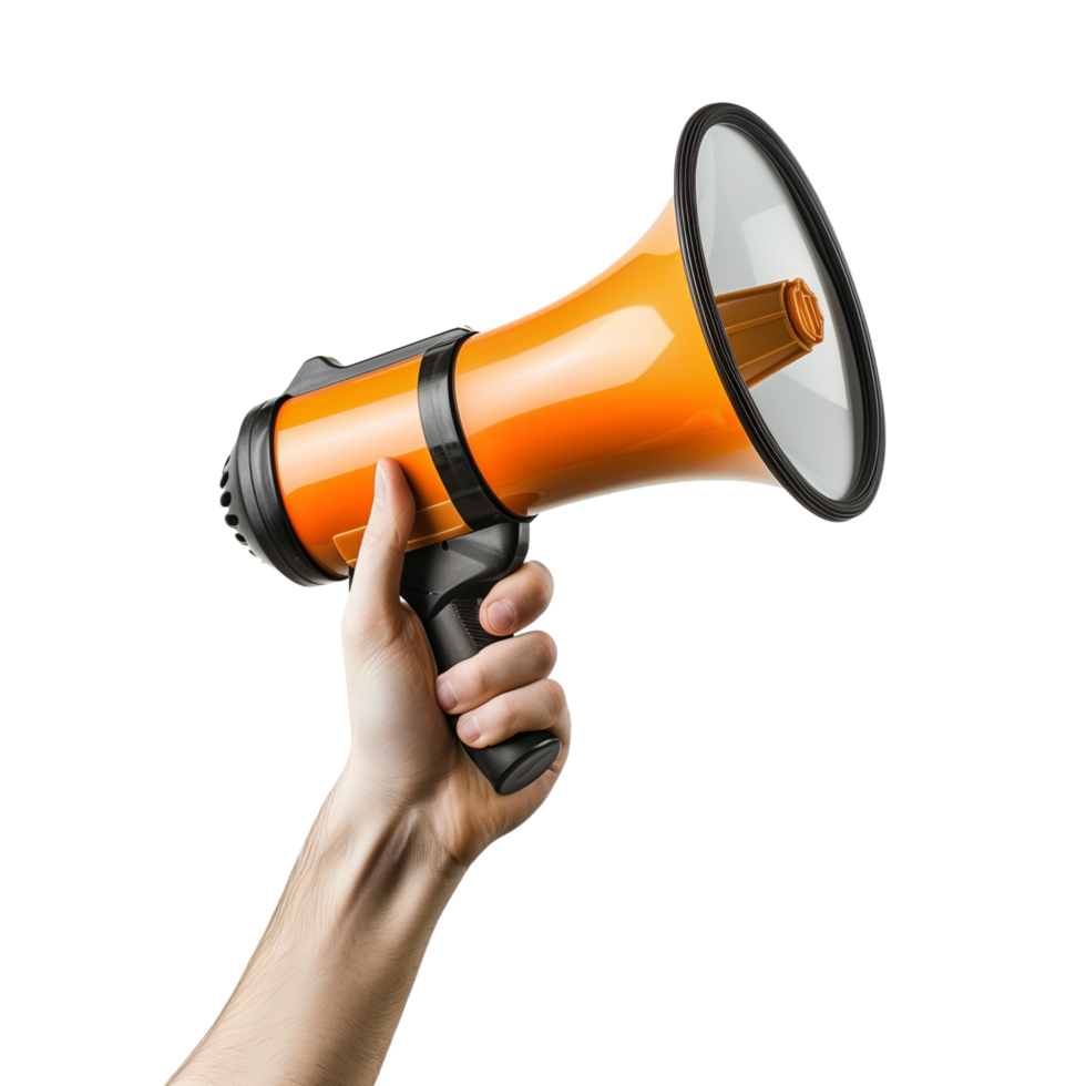 A human hand holding a megaphone, isolated on a transparent background png