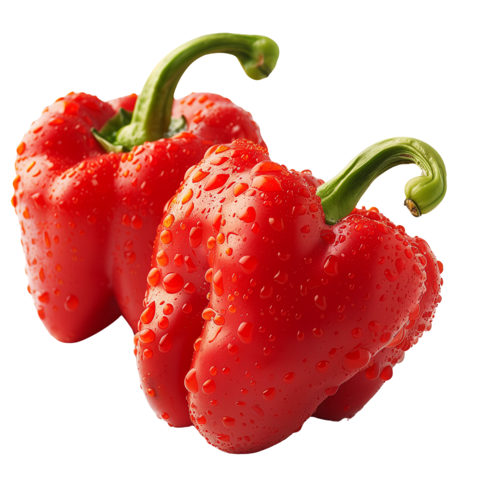 A fresh three red pepper with water droplets isolated on a transparent background png