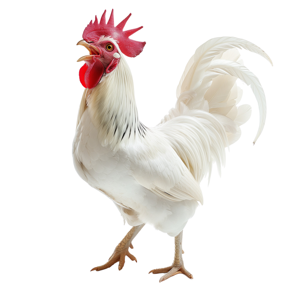A majestic white rooster crowing with its beak open wide, isolated on a transparent background png