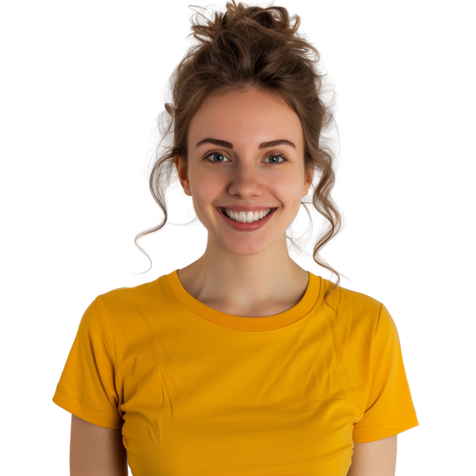 A happy woman wearing a color t-shirt, smiling brightly, isolated on a transparent background png