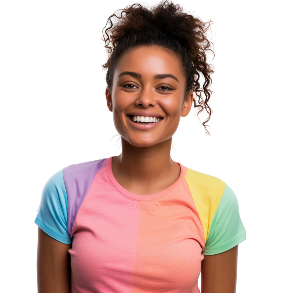 A happy woman wearing a color t-shirt, smiling brightly, isolated on a transparent background png