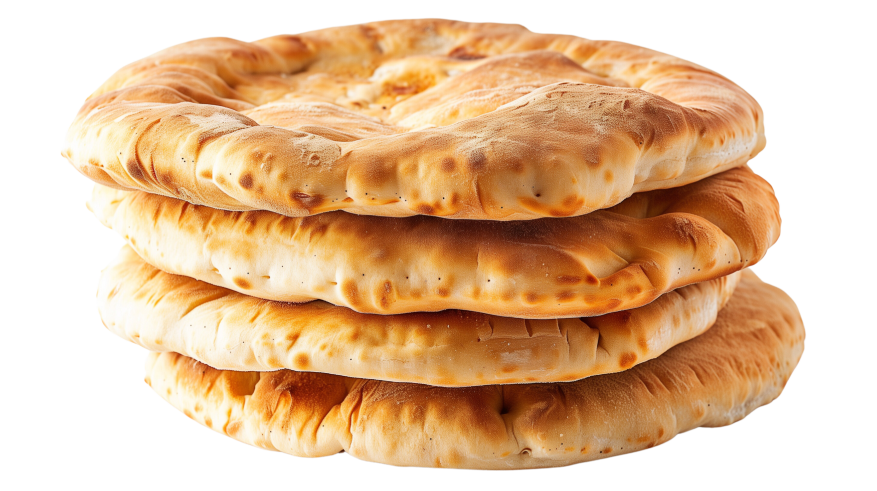 A neatly stacked pile of freshly baked pita bread, isolated on a transparent background png