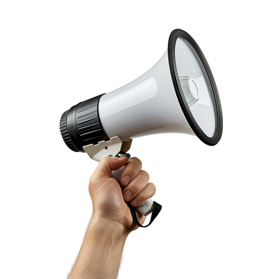 A human hand holding a megaphone, isolated on a transparent background png