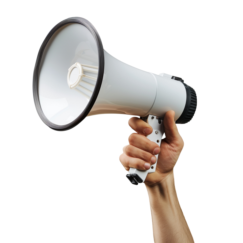 A human hand holding a megaphone, isolated on a transparent background png