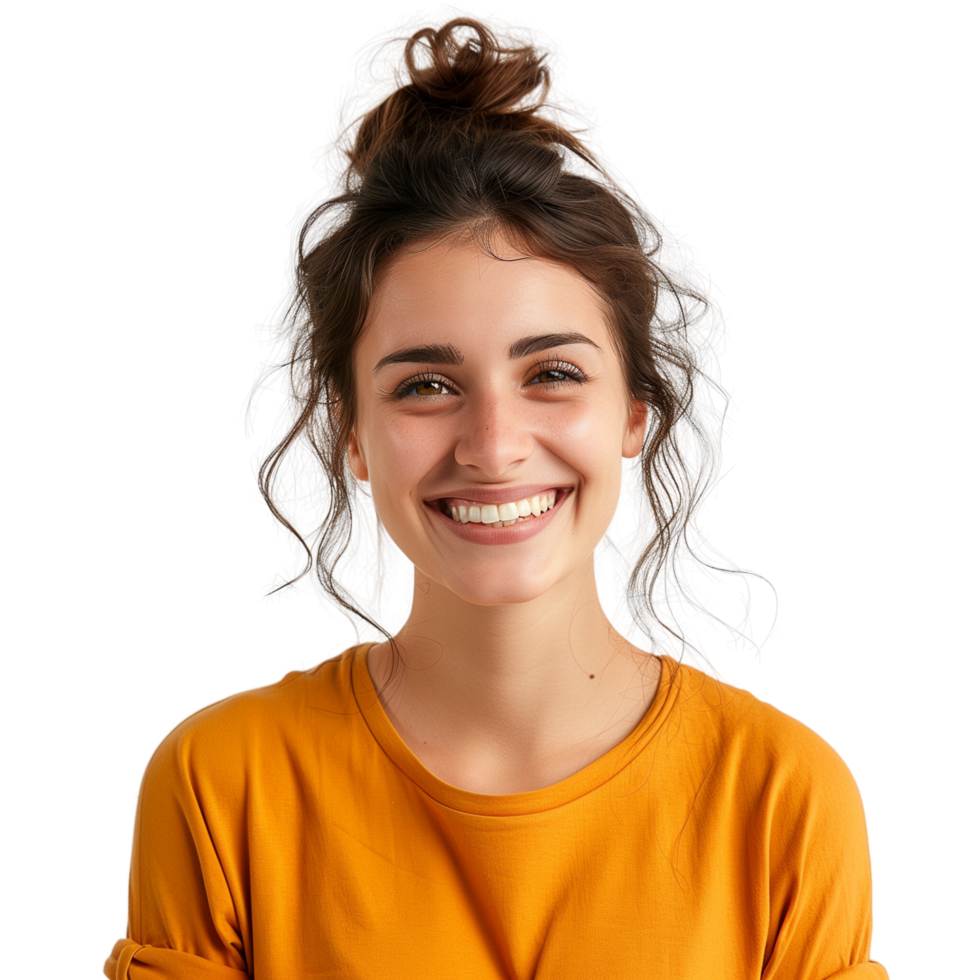 A happy woman wearing a color t-shirt, smiling brightly, isolated on a transparent background png