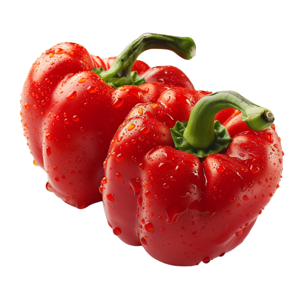 A fresh three red pepper with water droplets isolated on a transparent background png