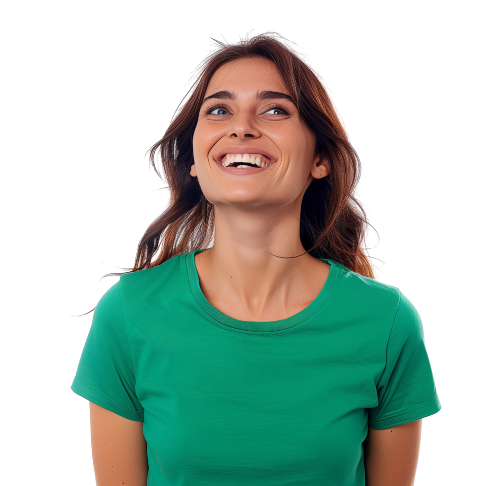 A happy woman wearing a color t-shirt, smiling brightly, isolated on a transparent background png
