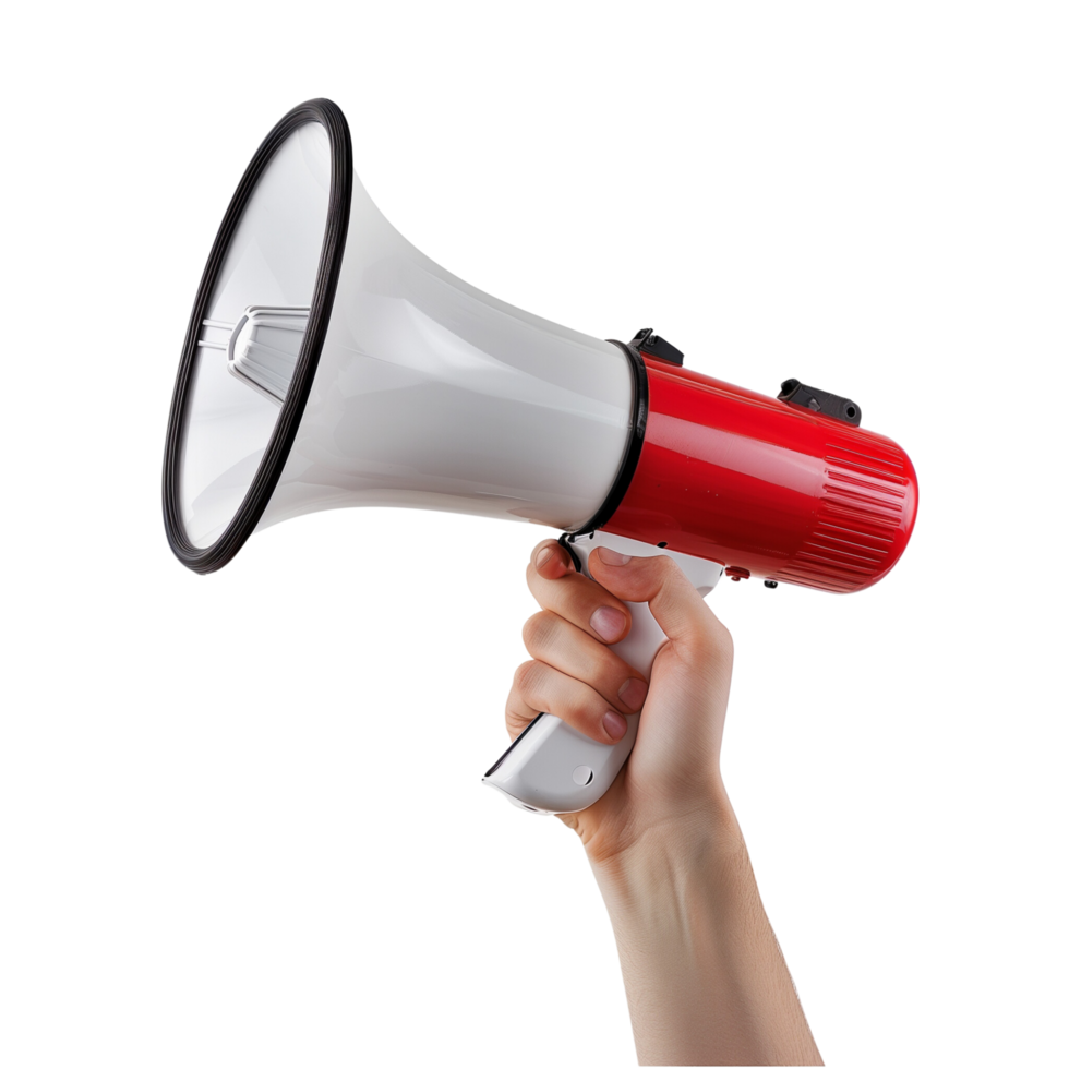 A human hand holding a megaphone, isolated on a transparent background png