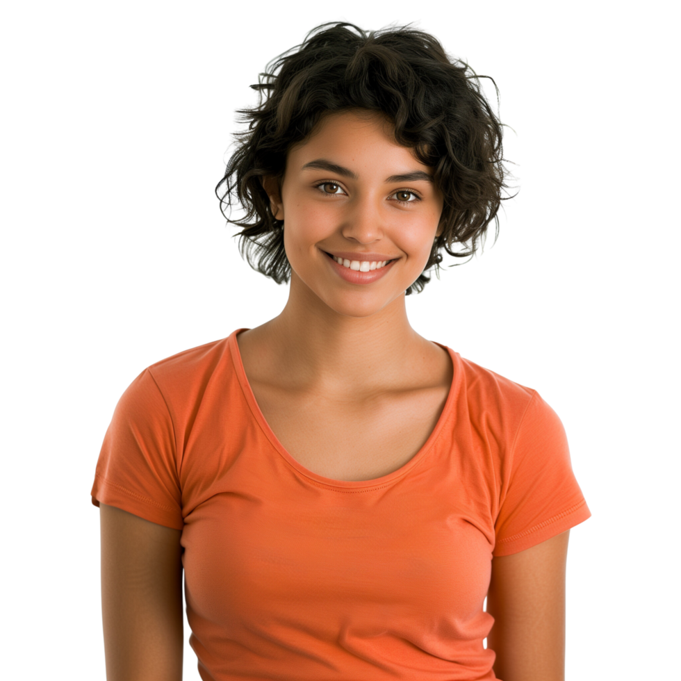 A happy woman wearing a color t-shirt, smiling brightly, isolated on a transparent background png