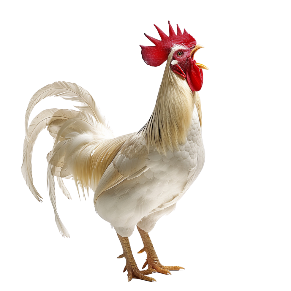 A majestic white rooster crowing with its beak open wide, isolated on a transparent background png