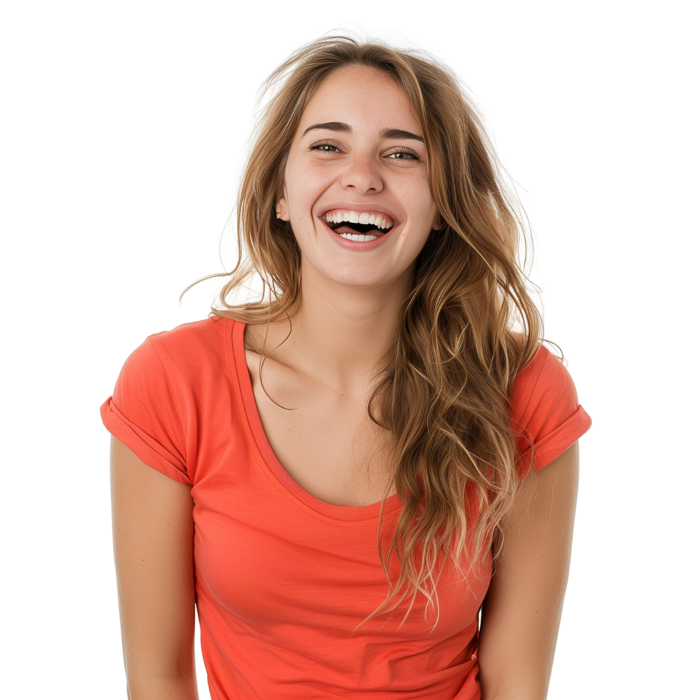 A happy woman wearing a color t-shirt, smiling brightly, isolated on a transparent background png
