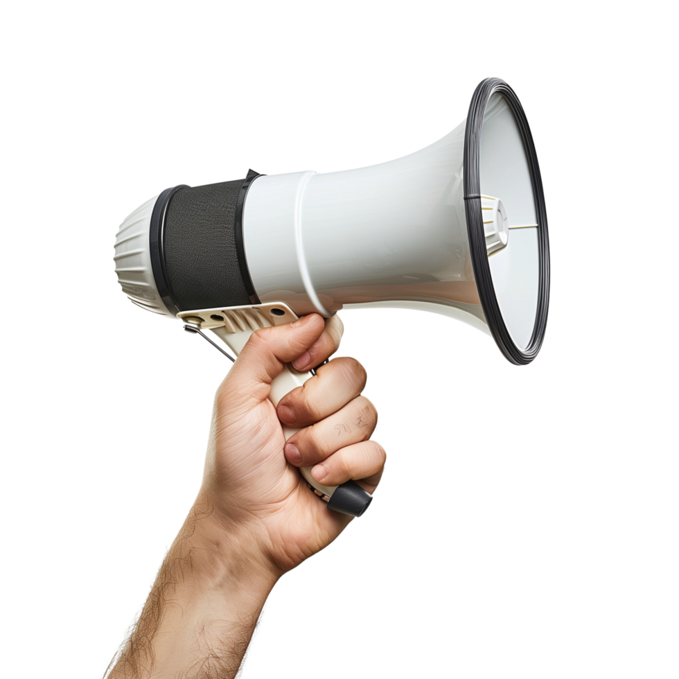 A human hand holding a megaphone, isolated on a transparent background png