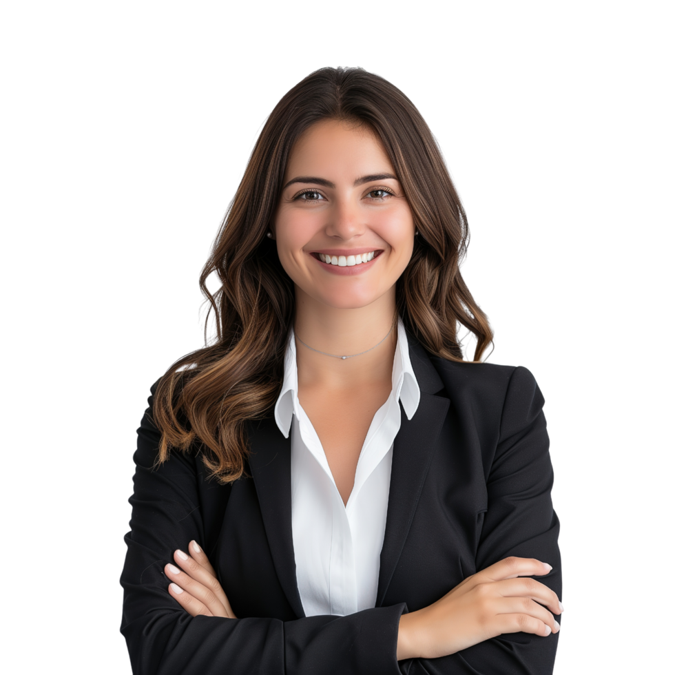 A professional and confident business woman smiling, isolated on a transparent background png