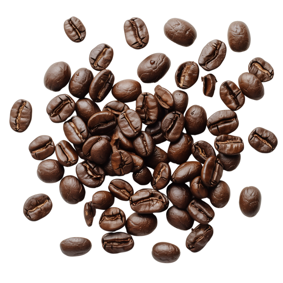 A roasted coffee beans scattered isolated on a transparent background png