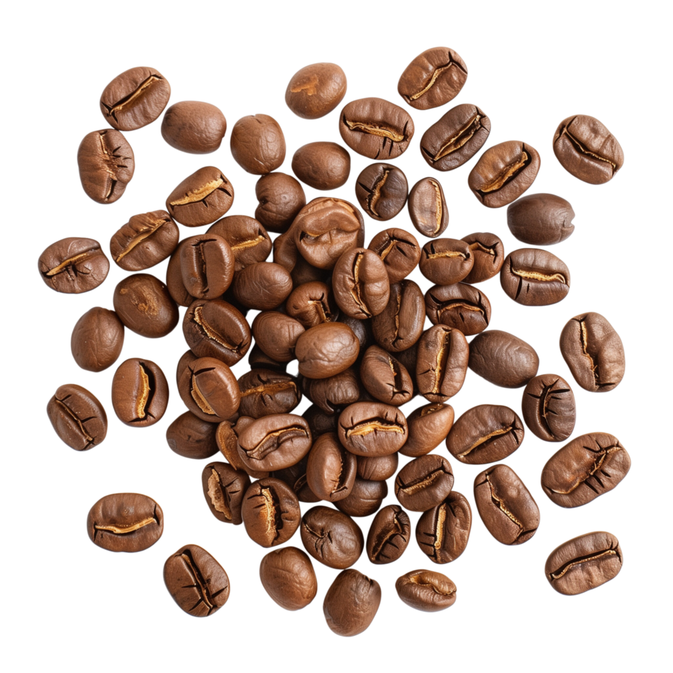 A roasted coffee beans scattered isolated on a transparent background png