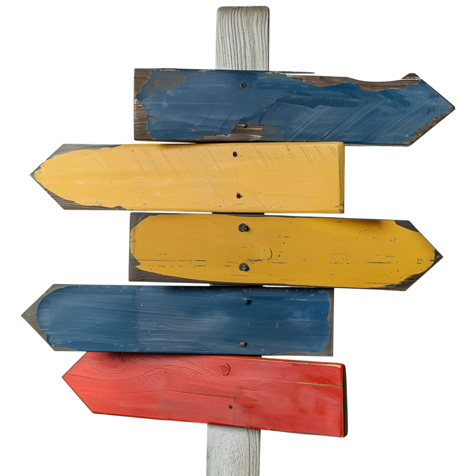 A solid color signpost with multiple directional arrows, isolated on a transparent background png